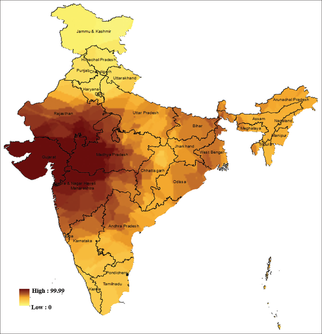 Kriged estimates of the standardized scores of FSW in India: IBBS 2014-2015