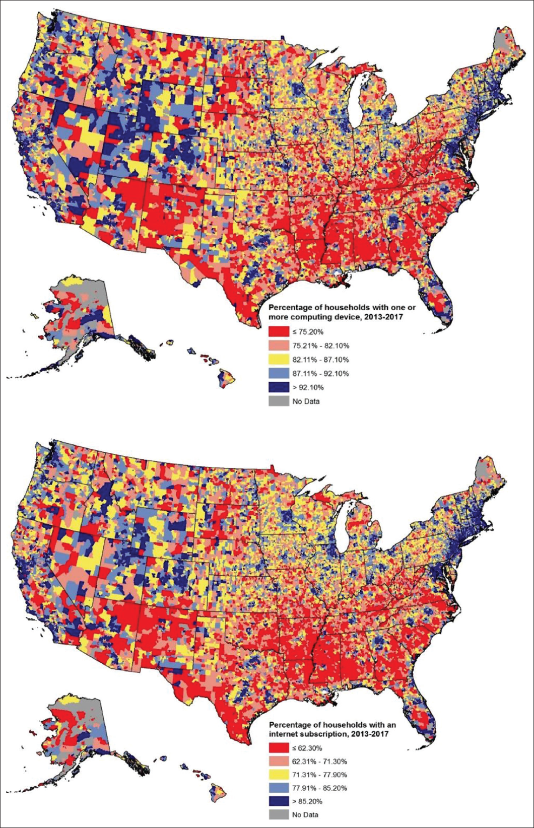 Percentage of Households with Computer and Internet Access, United States, 2013-2017 (32,989 Zip Codes) Source: Data derived from the 2013-2017 American Community Survey.